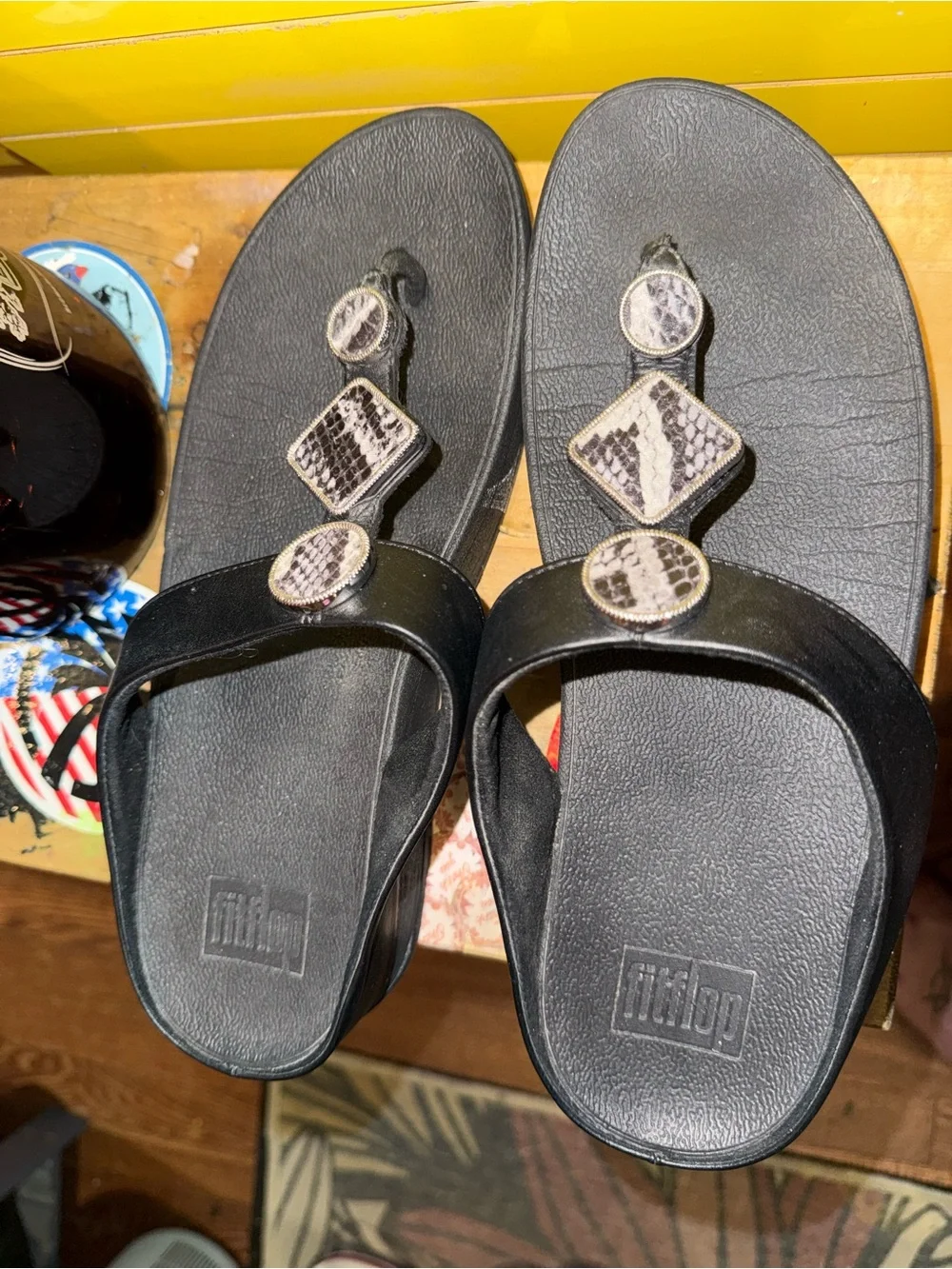 Fitflop Black Snake-Print Embellished Toe-Post Sandals